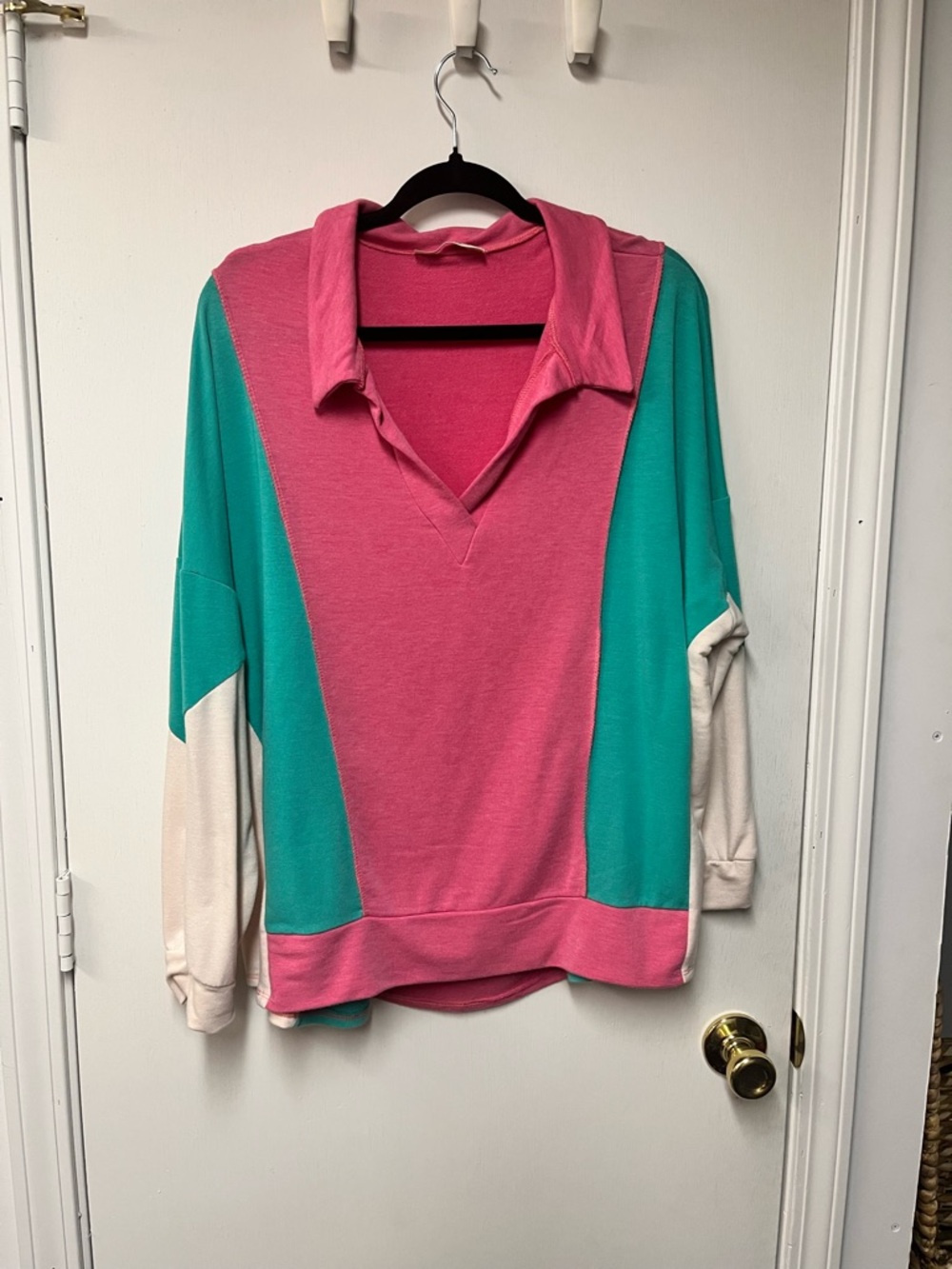 Colorblock Polo Collar Sweatshirt - Pink & Teal